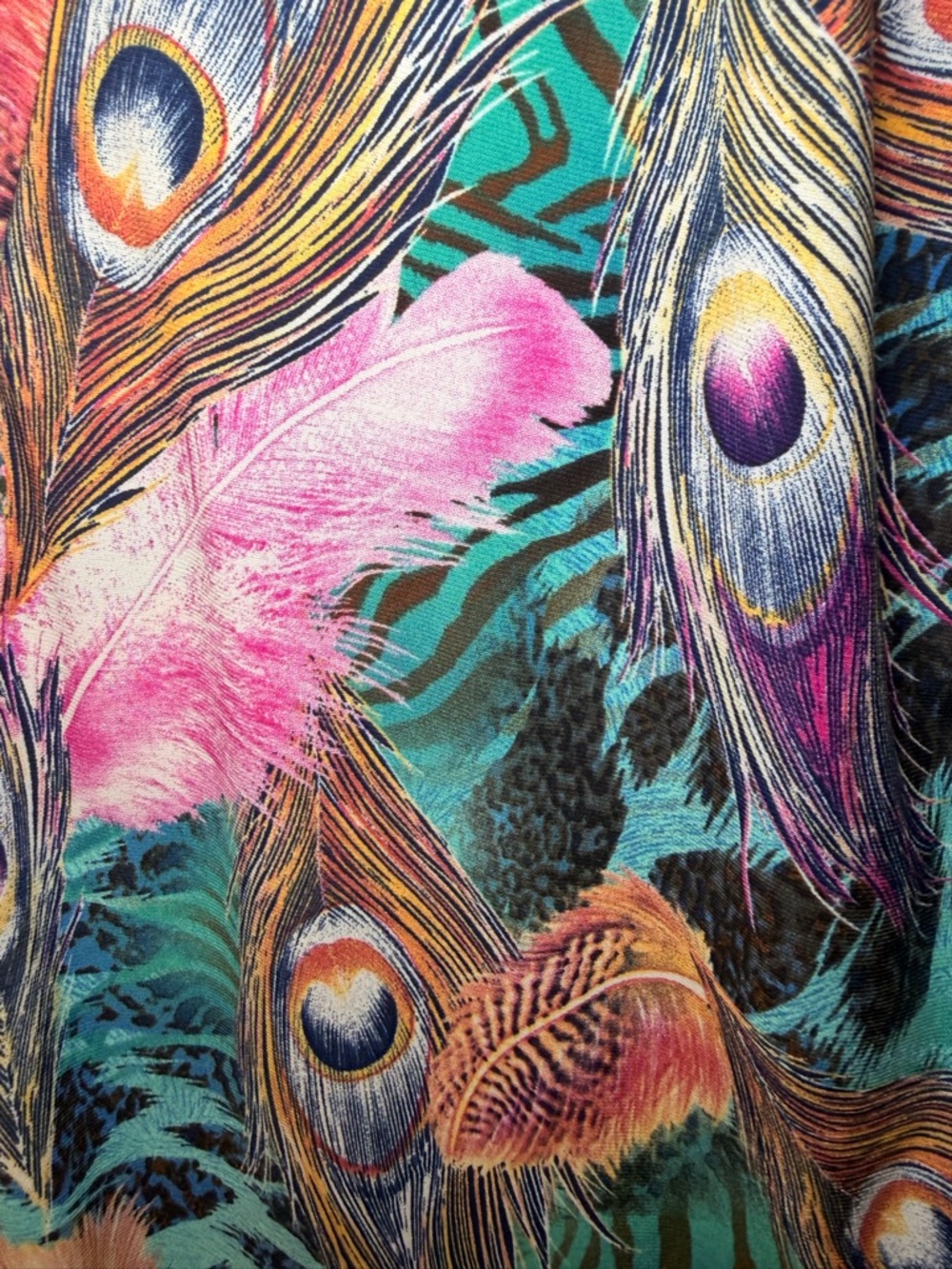 Joseph Ribkoff Faux Wrap Dress Peacock Print Ruffle Hem‎ Stretch Midi Colorful - Picture 5 of 15